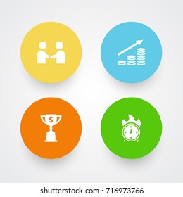 Set Of 4 Strategy Icons Set.Collection Of Goblet, Time In Fire, Meeting And Other Elements.