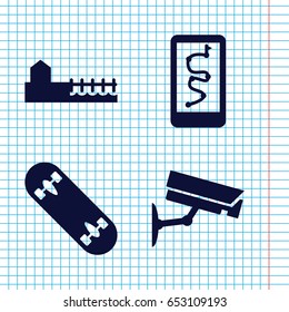Set of 4 street filled icons such as avenue, skate board, security camera
