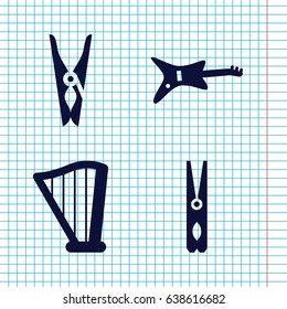 Set of 4 string filled icons such as cloth pin, harp