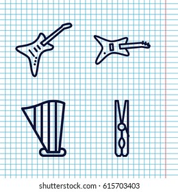Set of 4 string outline icons such as cloth pin, harp