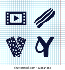 Set of 4 strip filled icons such as bandage, bacon, sligshot