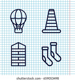 Set of 4 striped outline icons such as cone barrier, shutter blinds, socks