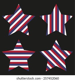 Set of 4 striped stars (in official colors of USA) isolated on black