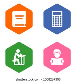 Set of 4 studies icons set. Collection of encyclopedia, learning, calculator and other elements.