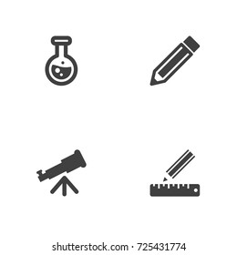 Set Of 4 Studies Icons Set.Collection Of Flask, Binoculars, Drawing Tool And Other Elements.
