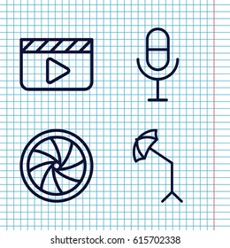 Set of 4 studio outline icons such as microphone, camera shutter, studio umbrella
