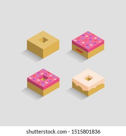 Set of 4 stylish isometric donuts. Cherry donuts, vanilla donuts and original donut. Isometric minimal vector.
