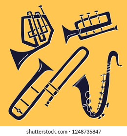 Set of 4 stylized brass instruments.  Vector illustration in contemporary handdrawn style. 