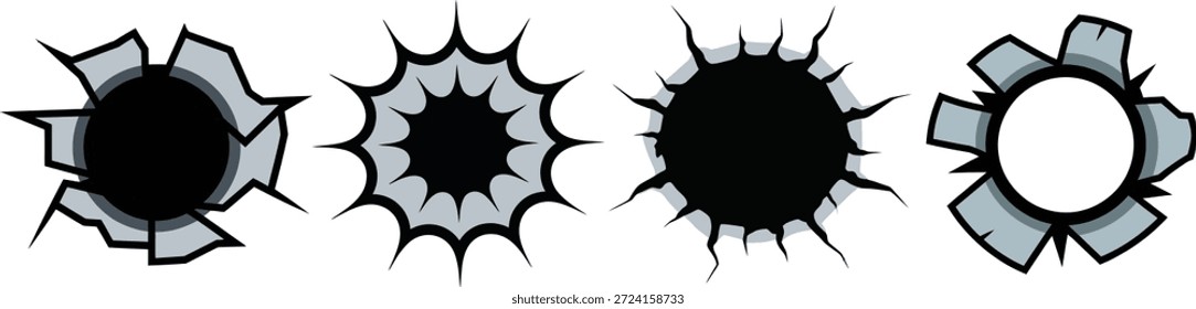 Conjunto de 4 Estilizados Bullet Hole e impacto gráfico de rachadura - efeitos de dano realistas
