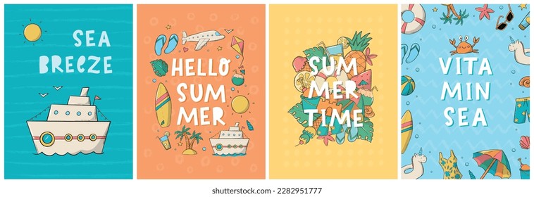 Set of 4 summer cards, nursery posters, prints, banners, invitations, templates etc decorated with doodles and lettering quotes. EPS 10