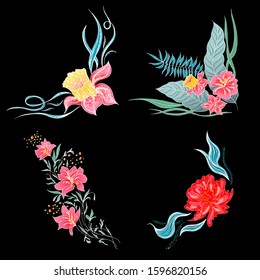 Set of 4 summer colorful tropical flowers. Floral botanical flower set isolated on black background. Hand drawn vector collection. Botanical Hawaii nature. Tropical palm icon. Hawaiian illustration