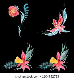 Set of 4 summer colorful tropical flowers. Floral botanical flower set isolated on black background. Hand drawn vector collection. Botanical Hawaii nature. Tropical palm icon. Hawaiian illustration