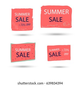 Set Of 4  Summer Discount Cards Design. Can Be Used For Social Media Sale Website, Poster, Flyer, Email, Newsletter, Ads, Promotional Material. Mobile Banner Template.