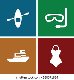 Set of 4 Summer filled icons such as swimsuit, aqualung, rowing boat