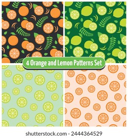 Set von 4 Sommer Orange und Zitrone Muster - Ganze und halbe Orangen und Zitronen in Hintergründen Pastell Orange, Pastell Grün, Dunkelgrün und Schwarz. Nahtloser Link.