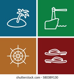 Set of 4 Summer outline icons such as island, flip flops, helm