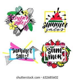 Set of 4 summer sales banners with hand drawn fresh and trendy tropical flowers, leaf, fruits and handwritten calligraphy. Graphic design perfect for shop, store or fashion magazines. Vector images.