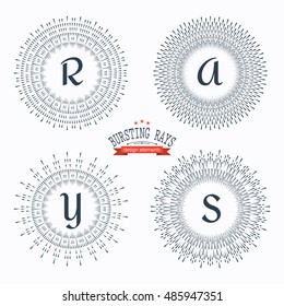 Set of 4 sun rays images in Hand Drawing style. Graphic elements for various design projects. Uneven sun rays that diverge in hand. The ability to place the text in the center of the elements.