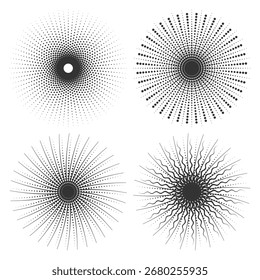 Conjunto de 4 Diseños Sunburst Halftone Circle – Abstractas Elementos Retro Burst en Blanco y Negro