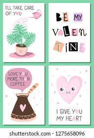 Set of 4 super cute Valentine's day postcards and posters. Hand drawn vector elements and trendy lettering. Lovely illustrations and characters. Warm pastel colors. EPS10 vector.