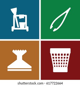 set of 4 supplies filled icons such as tweezers, cleaning tools, window squeegee