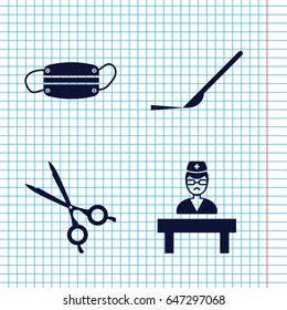 Set of 4 surgeon filled icons such as scalpel, medical scissors, doctor