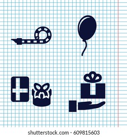 Set of 4 surprise filled icons such as party pipe, balloon, gift on hand