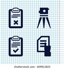 Set of 4 survey filled icons such as pointing on document, theodolite