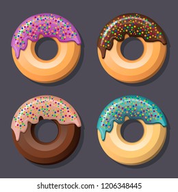A set of 4 sweet donuts with a hole in the center, various flavors and round dressing. Vector illustration.