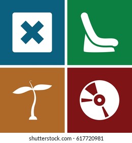 set of 4 symbol filled icons such as plant, baby seat in car, CD