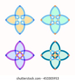Set of 4 symmetric geometric four petals shapes. Abstract vector symbols.