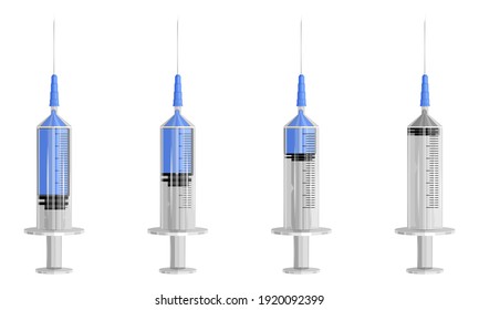 Set of 4 syringes with different filled of vaccine. Full, 2 various of half full and empty syringes. Vaccination against covid-19. Vector illustration isolated on white