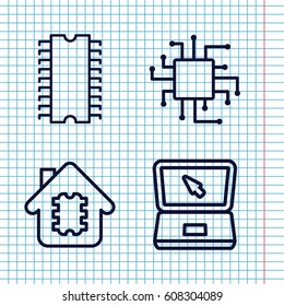 Set of 4 tech outline icons such as laptop, cpu, CPU in house