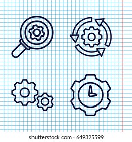 Set of 4 technical outline icons such as gear clock, gear