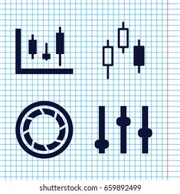Set of 4 technique filled icons such as camera shutter, adjust, panel control