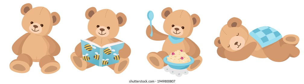 Conjunto de 4 oseos de peluche en diferentes poses. Los niños cambian la actividad. Cuidada colección de Teddy rellena. Vector