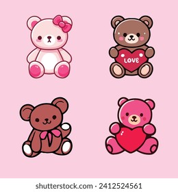 4 Teddybären-Vektorgrafiken, Happy Valentinstag-Vektorgrafiken