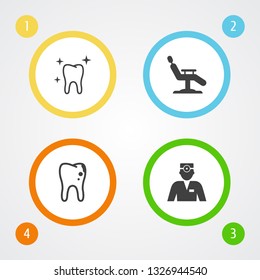 Set of 4 teeth icons set. Collection of hygiene, chair, caries and other elements.