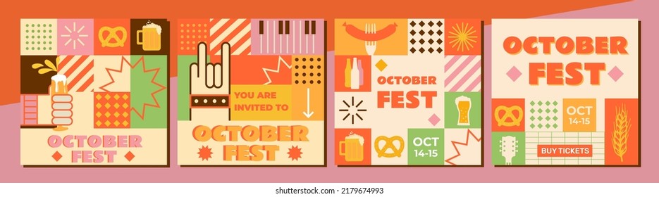 A set of 4 templates for the Oktoberfest in autumn, warm colors. Perfect for social media, event poster, flyer, invitation, cover, banner. Editable vector illustration.