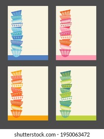 Set of 4 templates for quotes, social media, menus, backgrounds, posters, greeting cards. Stacked colorful kitchen bowls with mid century modern designs. Vector illustration. 