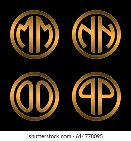Set 4 of templates from two capital Golden letters on a black background M, N, O, P inscribed in a oval. To create logos, emblems, monograms.