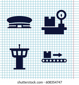 Set of 4 terminal filled icons such as airport tower, airport, luggage scan