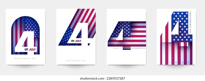 Set 4 th of july american independence day template for banner, flyer, poster, card. Mockup creative modern celebration composition. Holiday minimal patriotic concept art. Vector illustration.