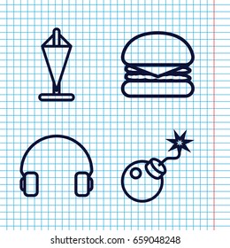 Set of 4 thin outline icons such as headset, bomb, burger