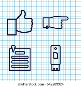 Set of 4 thumb outline icons such as pointing, paper pin, usb drive