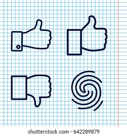 Set of 4 thumb outline icons such as thumb up, finger print