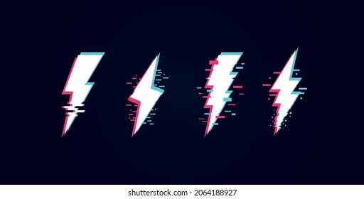 Set of 4 thunderbolts icons. Lightning icons isolated on white background. Neon Glitch thunderbolt set. Vector illustration