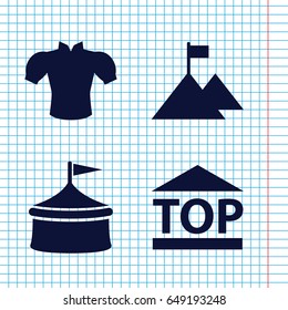 Set of 4 top filled icons such as blouse, top of cargo box, flag on mountain