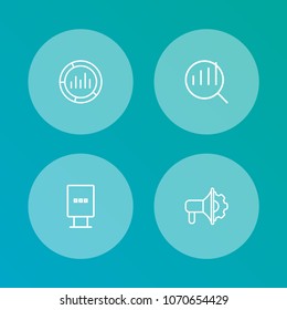 Set of 4 trade icons line style set. Collection of market, loudspeaker, billboard and other elements.