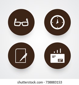 Set Of 4 Trade Icons Set.Collection Of Pen, Spectacles, Time And Other Elements.